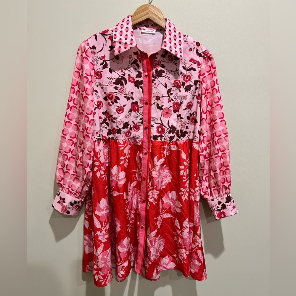 Floral Long Sleeve Dress - Pink and Red